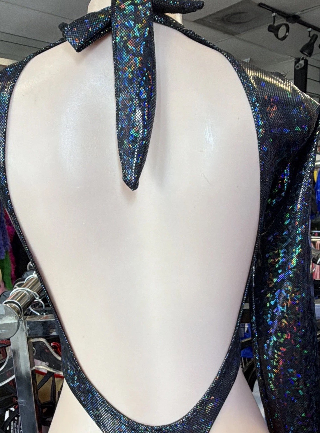 D’Perrotti Black Holographic One-Shoulder One Sleeve Open Back Thong Teddy OS