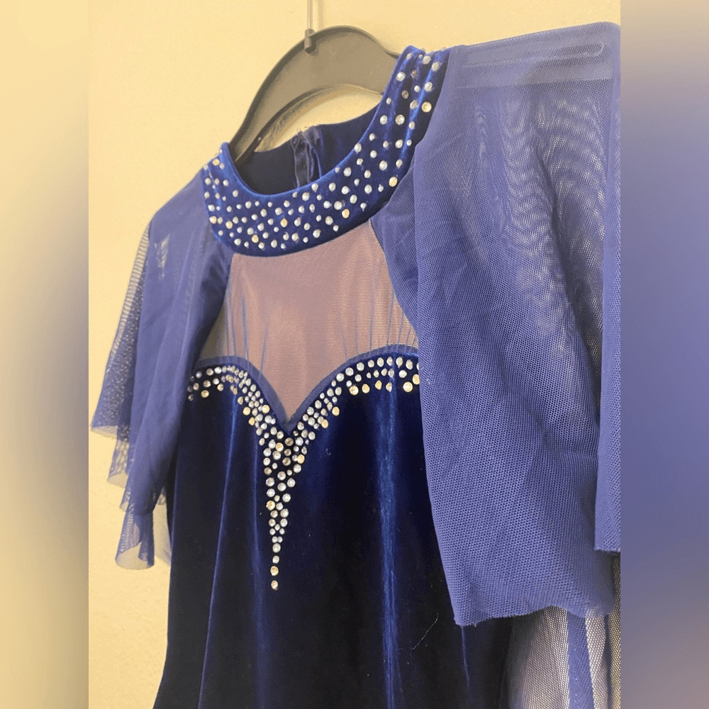 Blue Velvet solo Dance Costume modest custom rhinestoned SA-Small adult