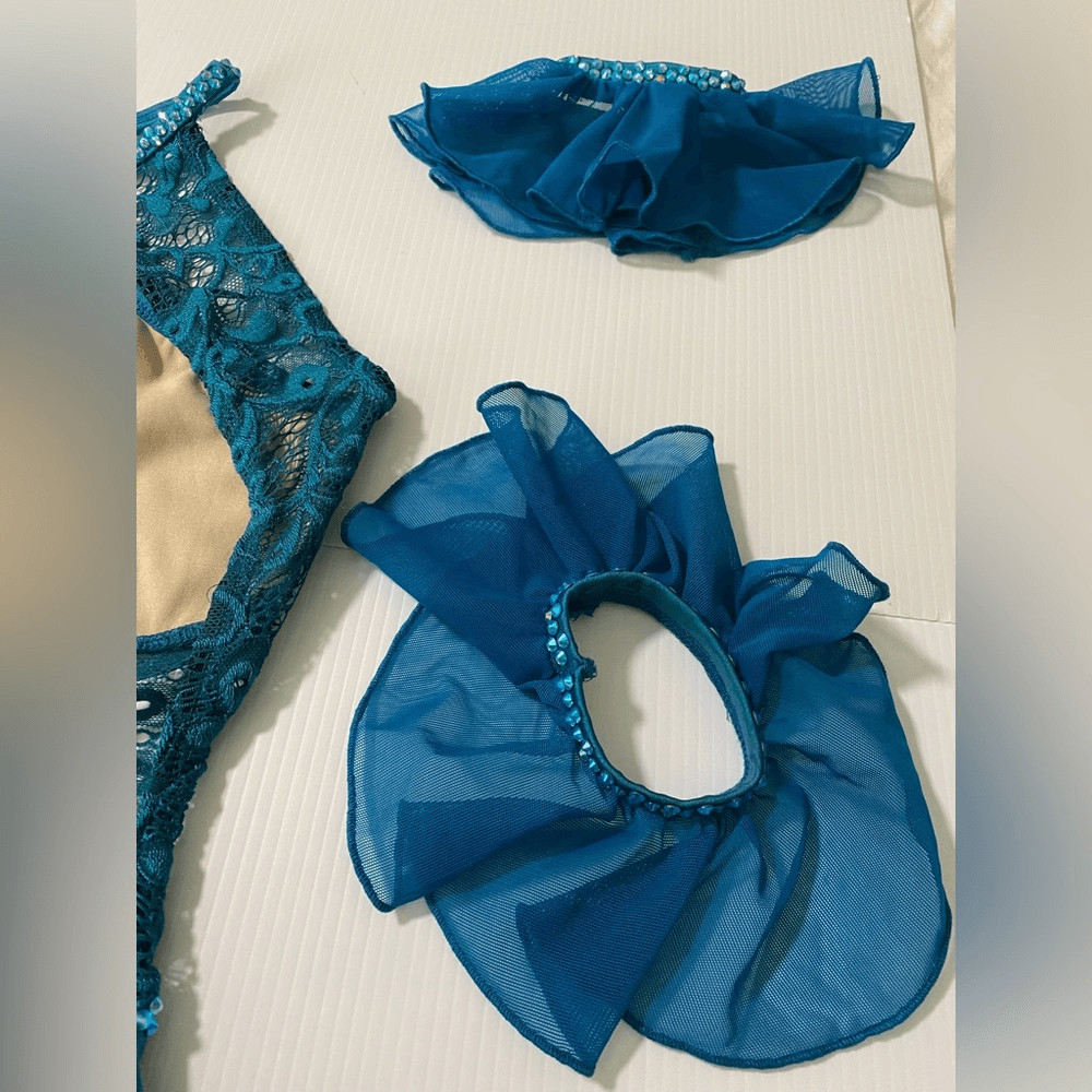 Custom solo Dance Costume teal aqua blue rhinestone Leotard SA-Small adult