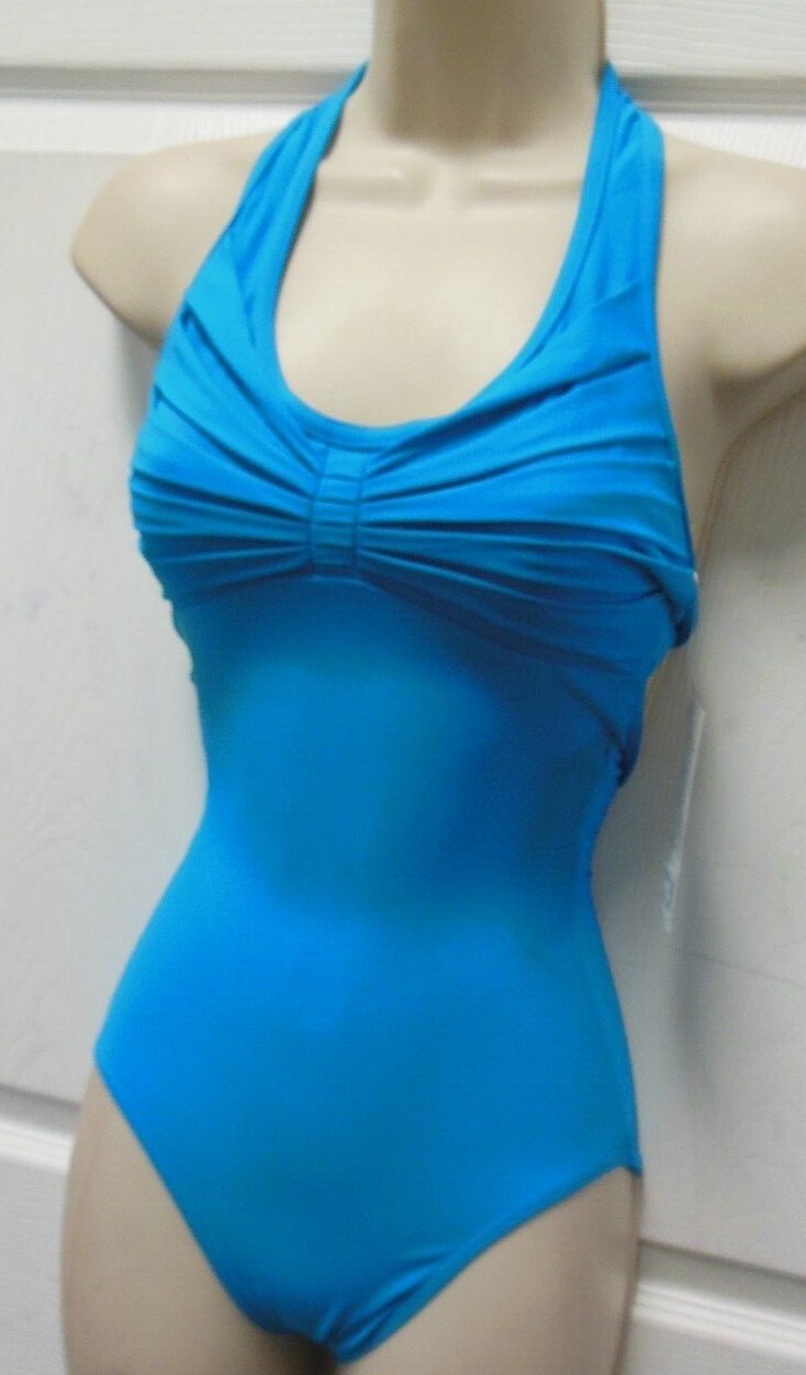 CAPEZIO PLEATED SYNERGY pinchfront HALTER DANCE LEOTARD Adult Ocean 10190