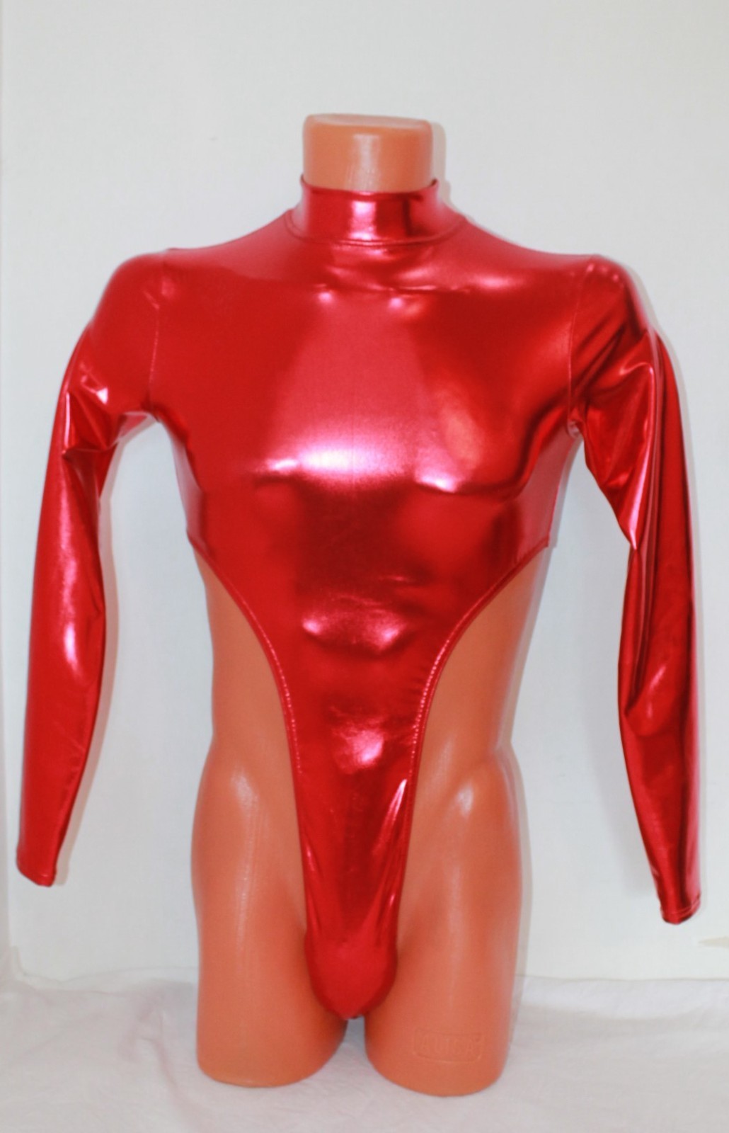 Men Thong Leotard 159-10 High Collar Open Thig Red Metallic Spandex Size XL