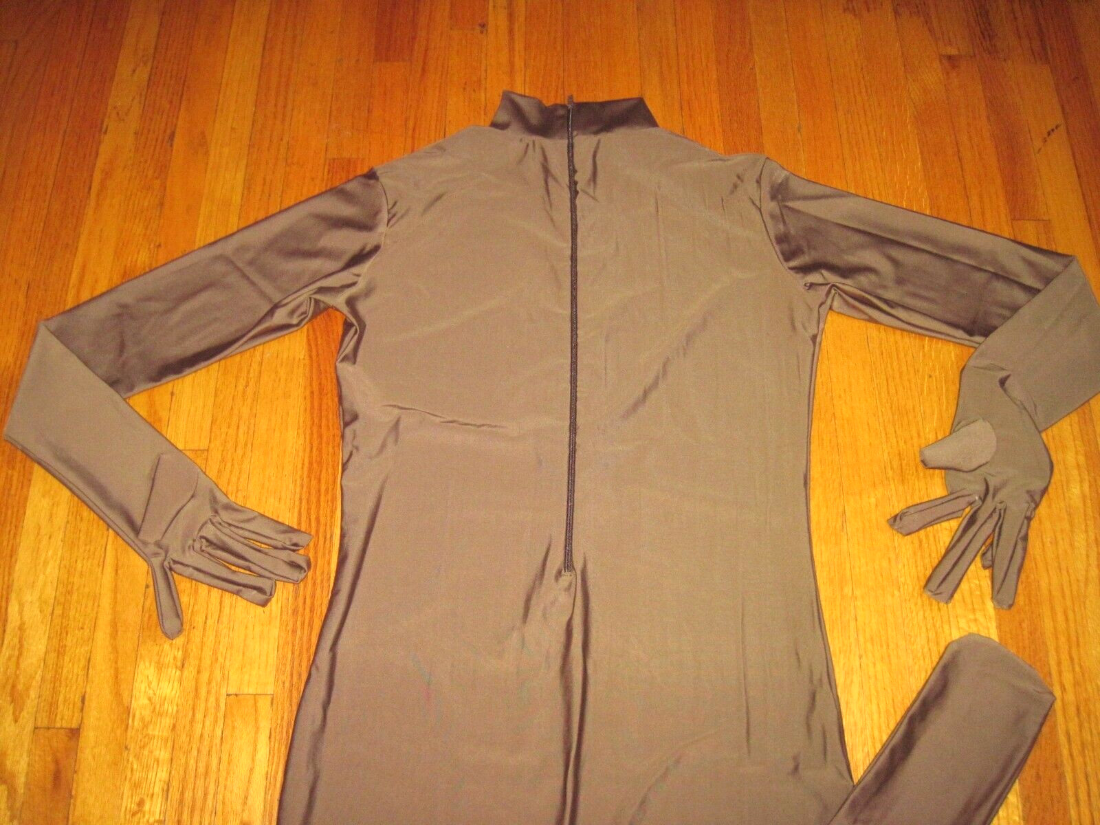 Plus Size Shiny Brown Long Sleeve T Neck Footed Unitard W/Hands Sz 2XL-16-18 New