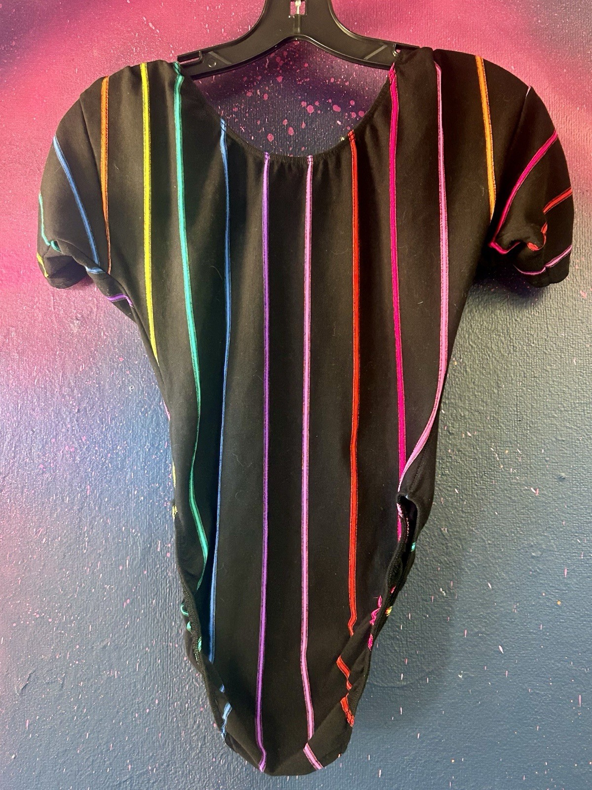 Vintage Rain Beau Rainbow Stripes & Black Leotard Sz L Made In USA 80s