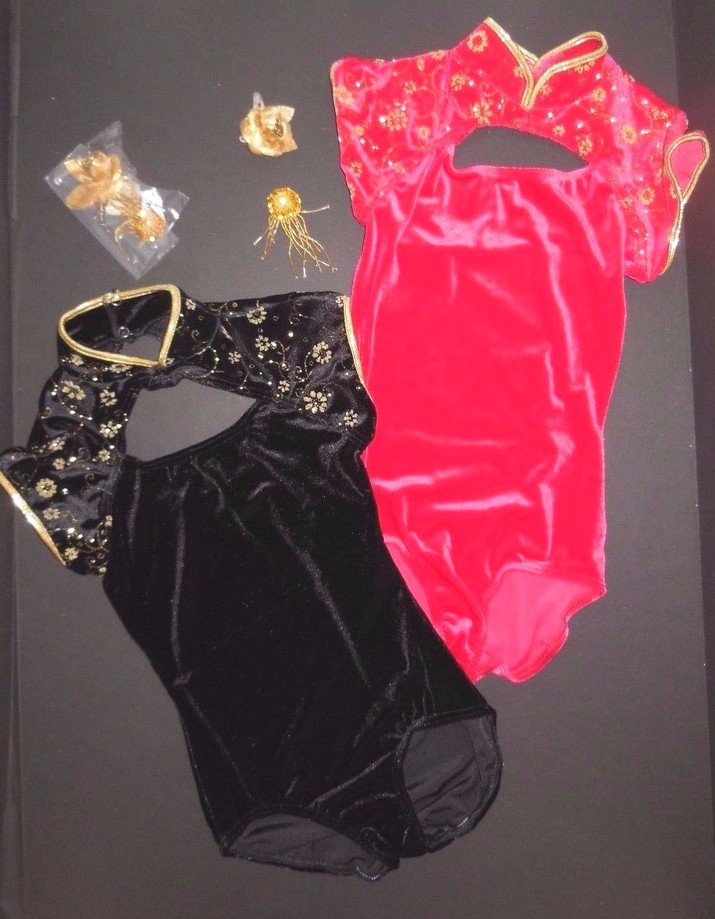 Asian Velvet Gold Gilded Cap Sleeve Leotard 3 colors Dance costume Mandarin NWT