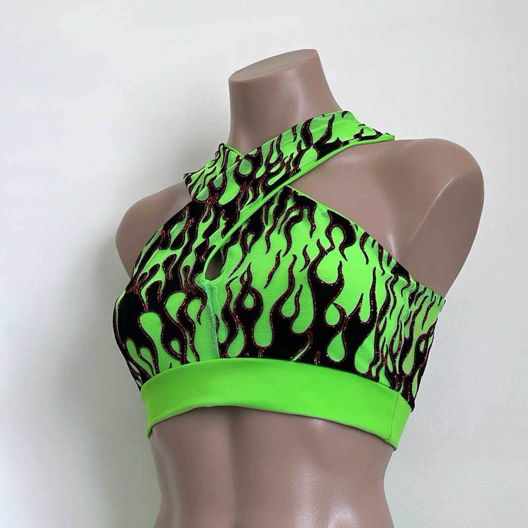 Schminke 🔥 Flames fire crop top ethereal pole dance wear mesh spandex UV neon