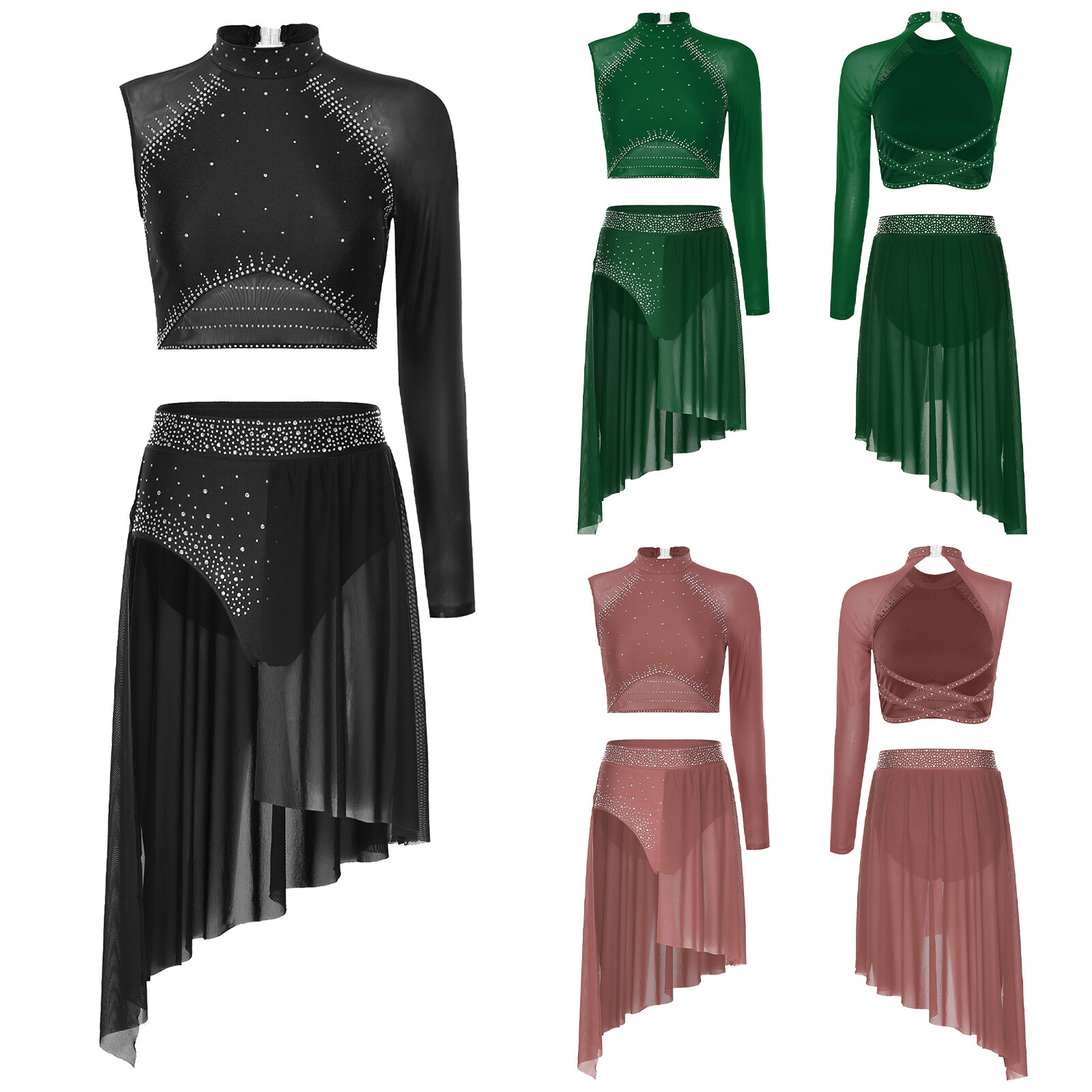 Women Dancewear Stage Outfit Lyrical Costume One Shoulder Top With Skirts 2pcs