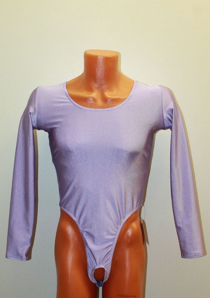 Men Thong Leotard 158-52 Long Sleeve Hole Crotch Light Purple Spandex Size L