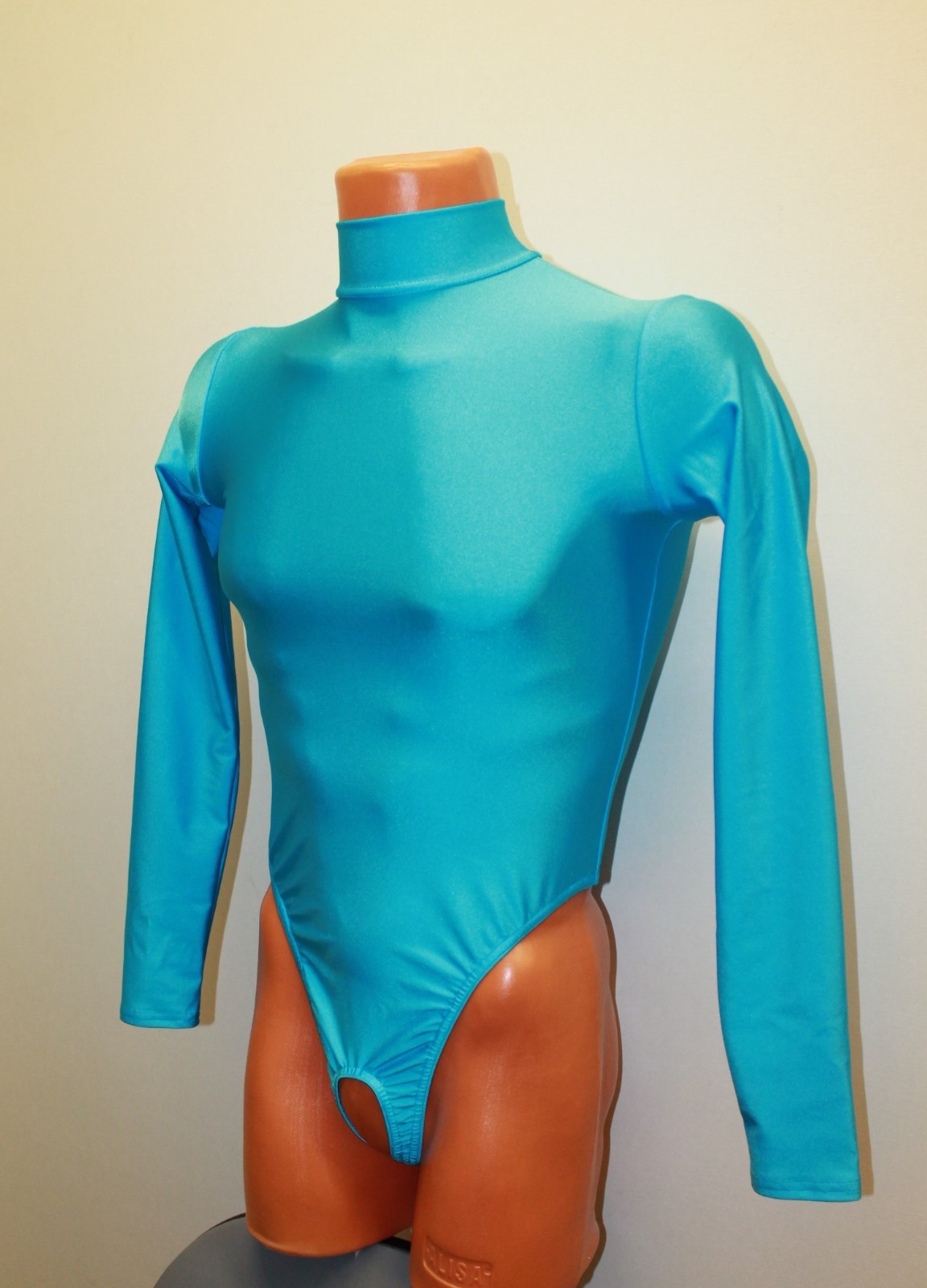 Men Thong Leotard 159-50 Long Sleeve High Collar Hole Crotch Blue Spandex Size M