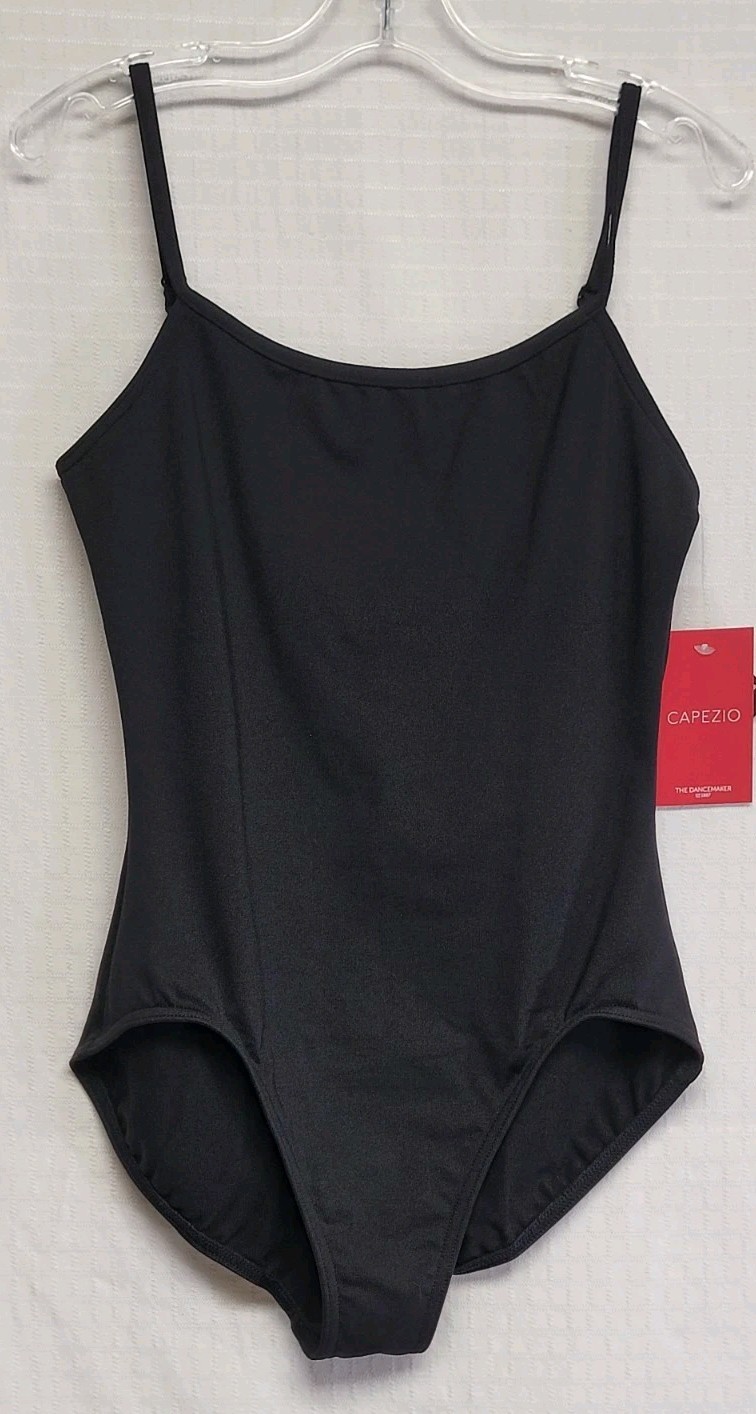 Capezio Camisole Leotard Adjustable Strap Black Scoop Neckline Low V-back SZ XLC