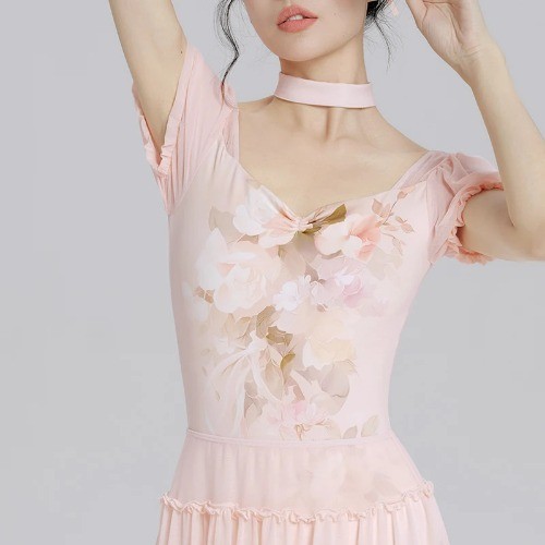 Woman Ballet Leotards Printed Dance Leotard Sleeve Ballet Elegant Mesh Splice