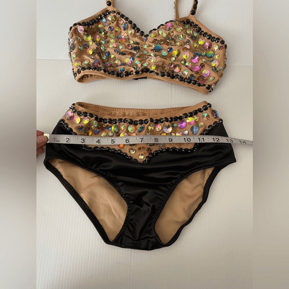 Glamour gold black solo 2 piece embellished Dance Costume Leotard XLC child