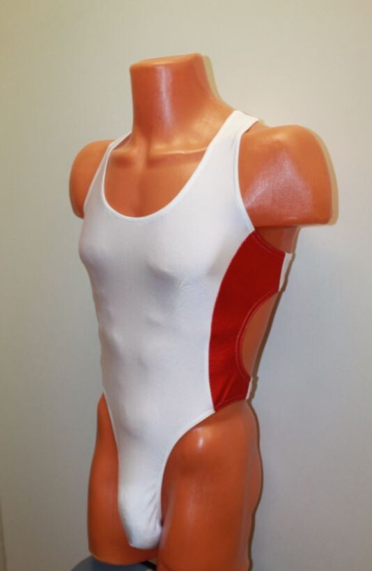 Men Thong Leotard 152-14 White and Red Spandex Size M