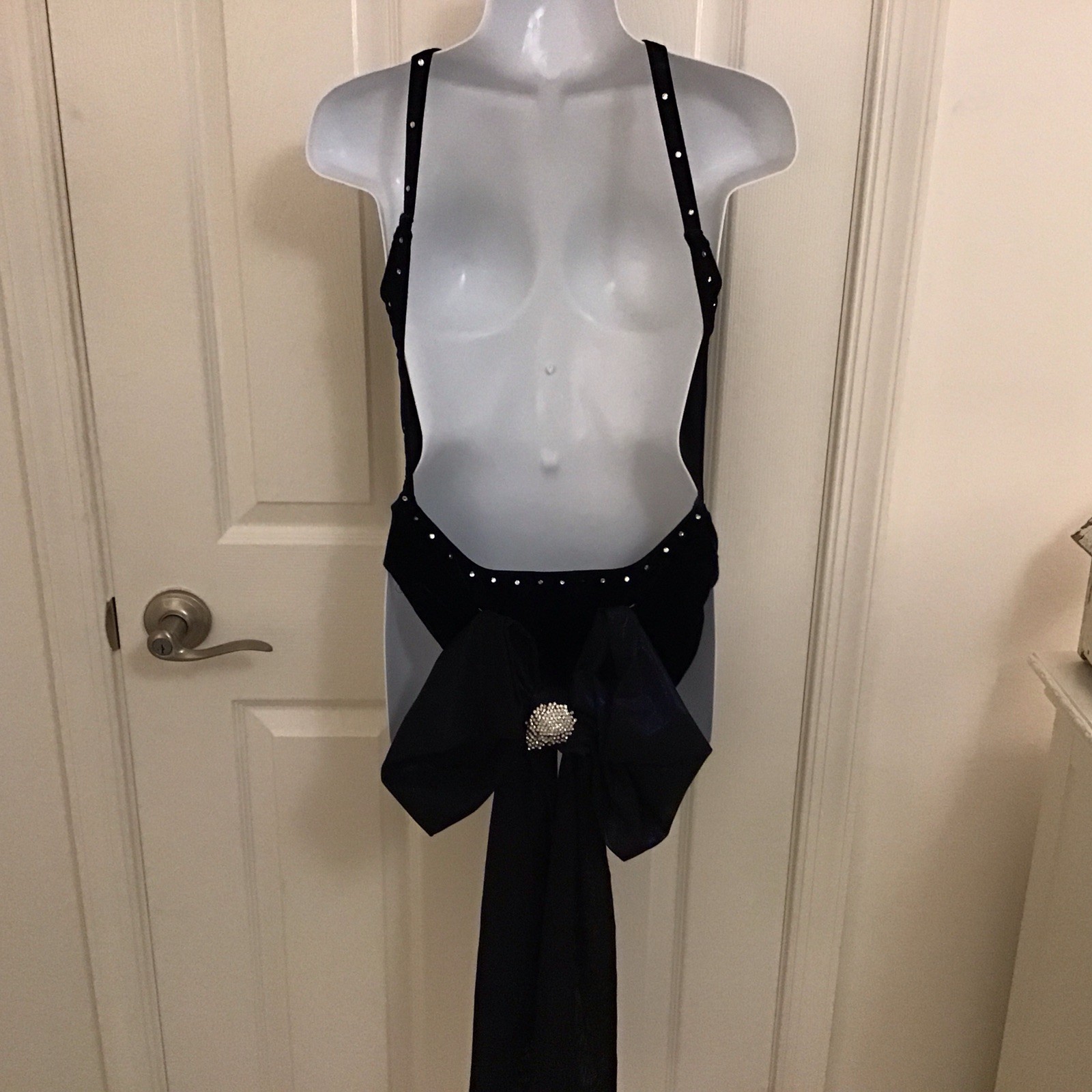 Womens Blue Velvet Shiny Tan Mesh Dance Leotard w/ Back Bow, Gloves, Adult M-L