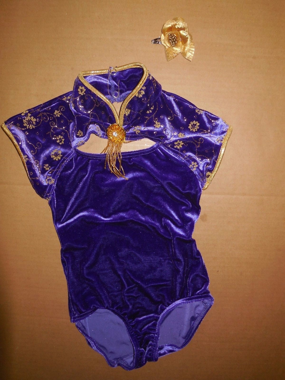 Asian Velvet Gold Gilded Cap Sleeve Leotard 3 colors Dance costume Mandarin NWT