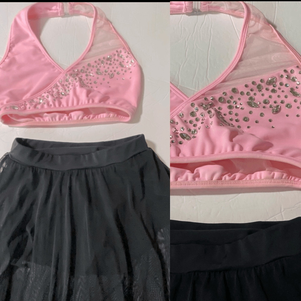 LA dance solo custom pink top 2 piece rhinestoned costume SA-Small adult