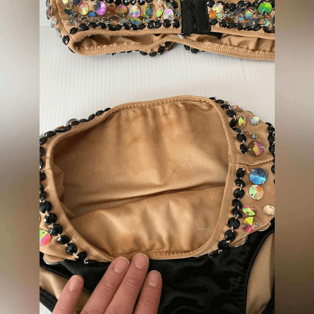 Glamour gold black solo 2 piece embellished Dance Costume Leotard XLC child