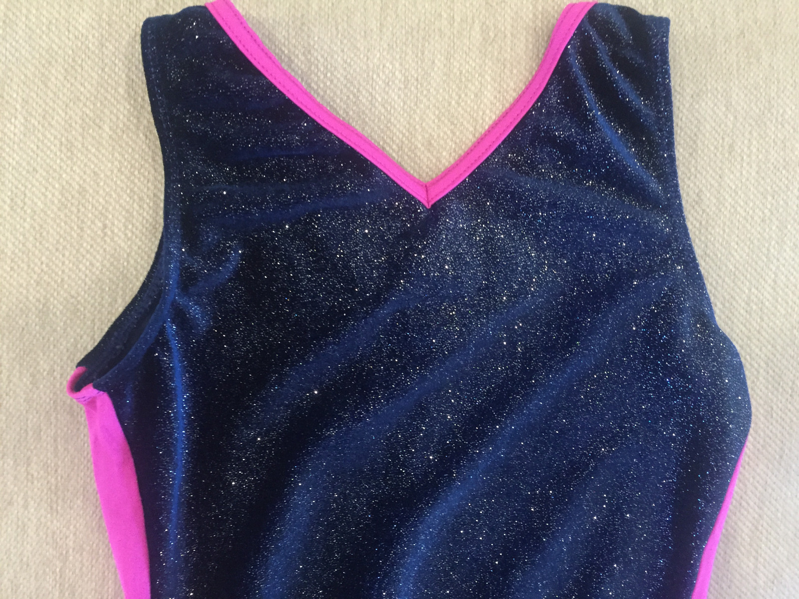 Women Adult GK ELITE Dance Gym Navy~Pink Velour Glitter Sparkle LEOTARD Sz M