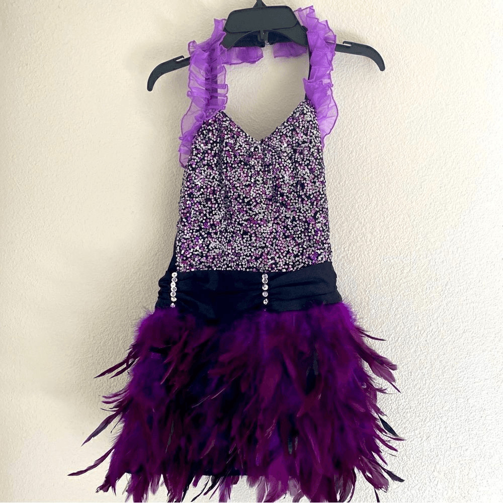 Glamour dance costume purple sequin feather jazz Broadway adult small SA -NEW