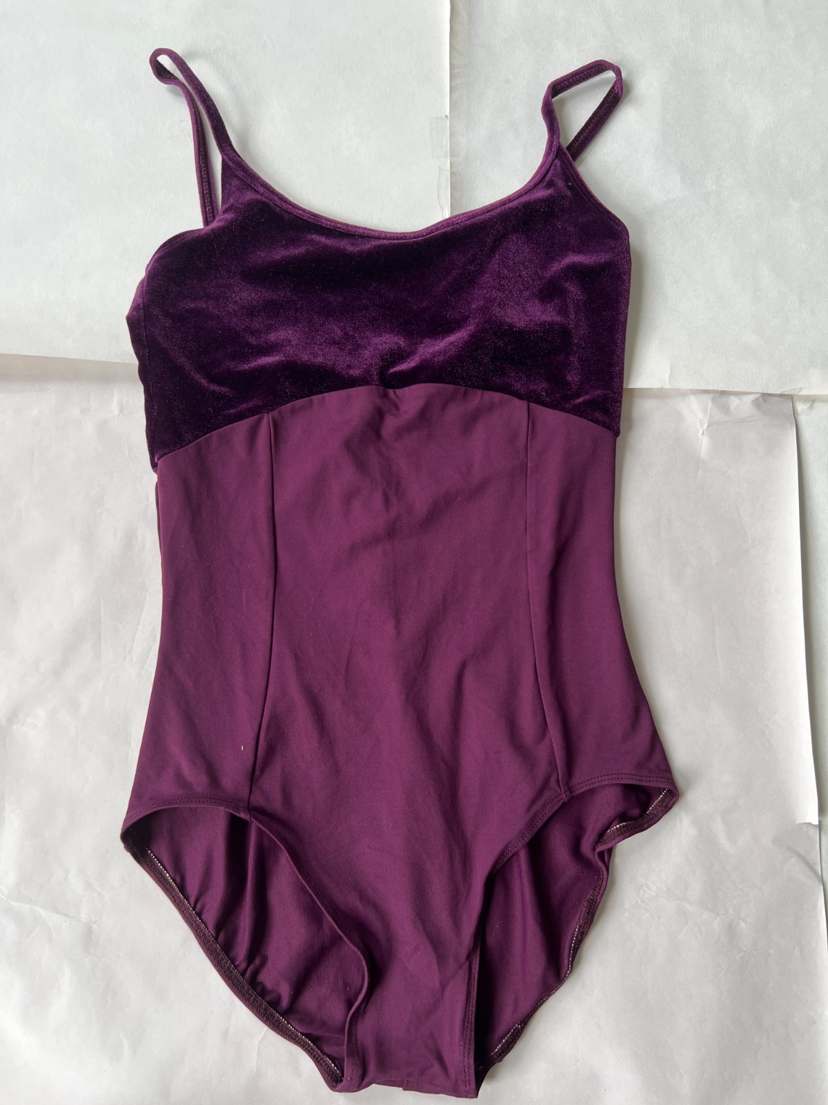 Ainsliewear plum purple leotard with velvet trim- size L