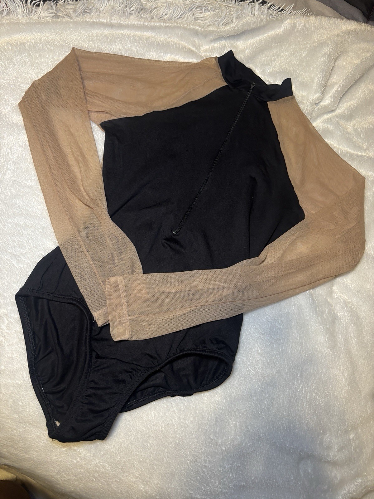 Women’s Black Solid Leotard Nude/Beige Sheer Mesh Long Sleeves Nylon