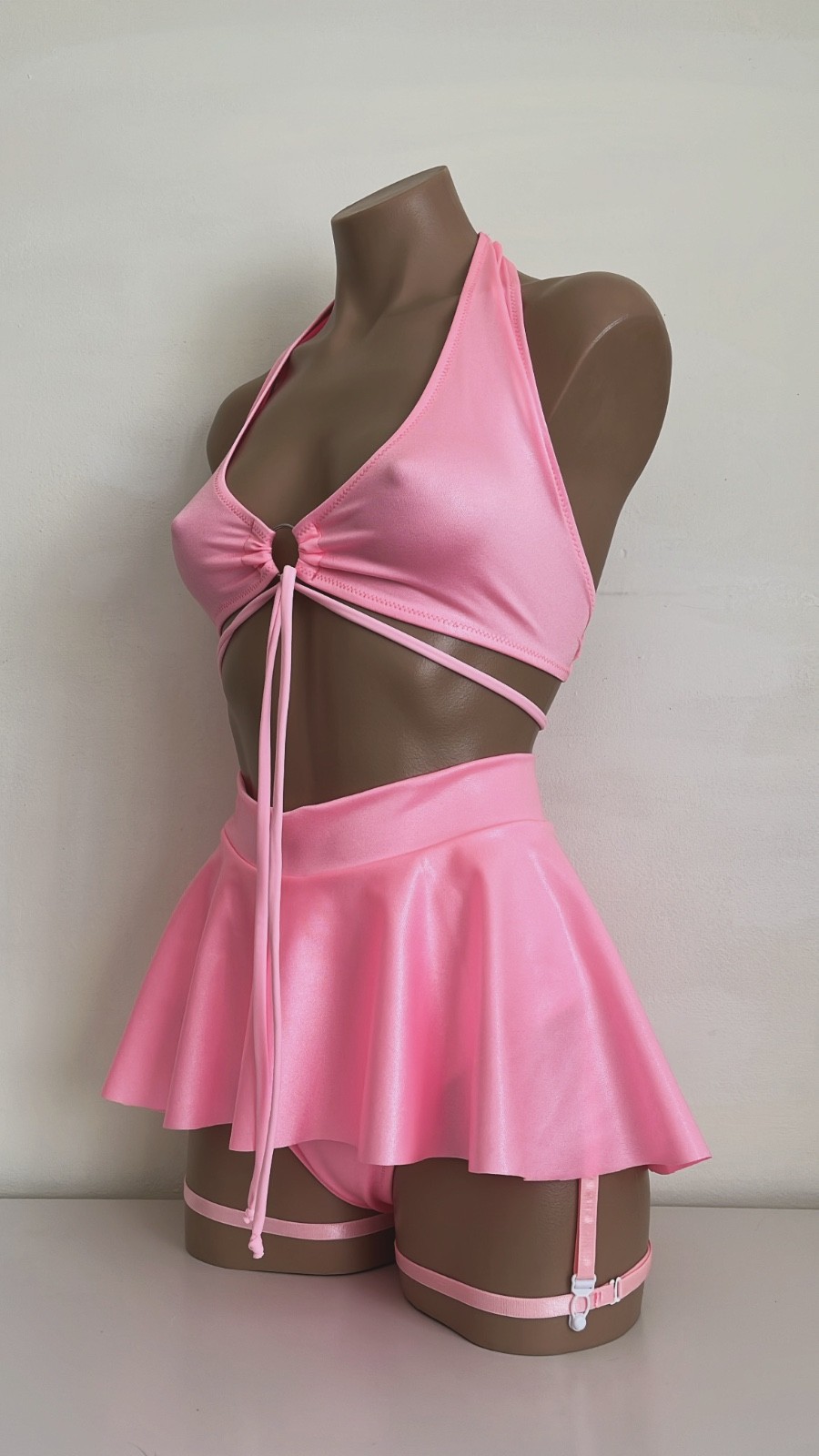 Schminke👙dance wear pole-dance skirt brief wet-look hologram 5x ring halter top