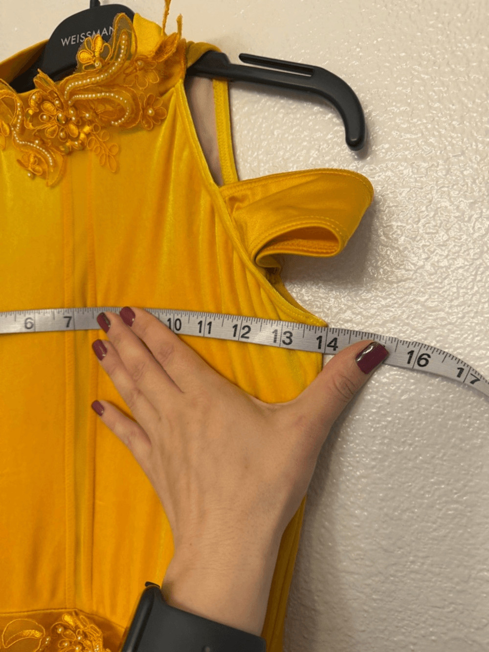 WEISSMAN Dance Costume yellow velvet maxi applique dress WASTE OF TIME 10984 SA