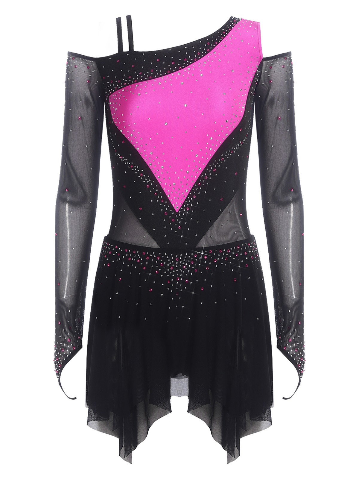 Womens Dancewear Color Block Bodysuit Figure Skating Dress Rhinestone Mesh Hem