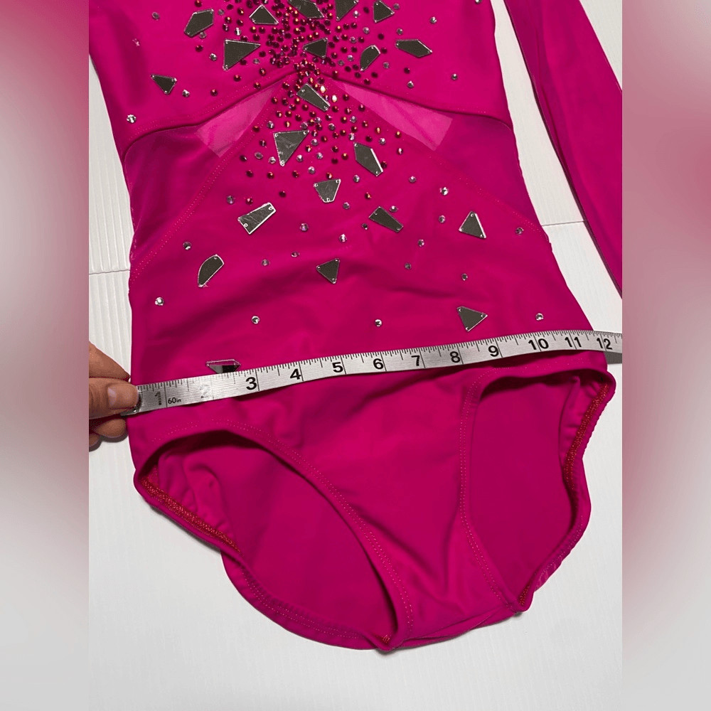 Custom made solo dance costume hot pink rhinestone long sleeve leotard XSA adult