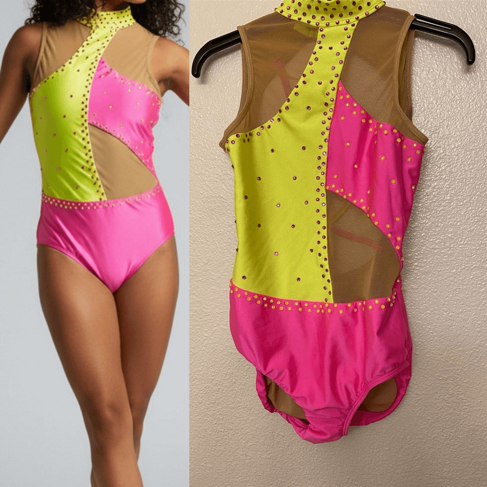 Patrick J dance custom Solo neon pink yellow gravity leotard bedazzled MA adult