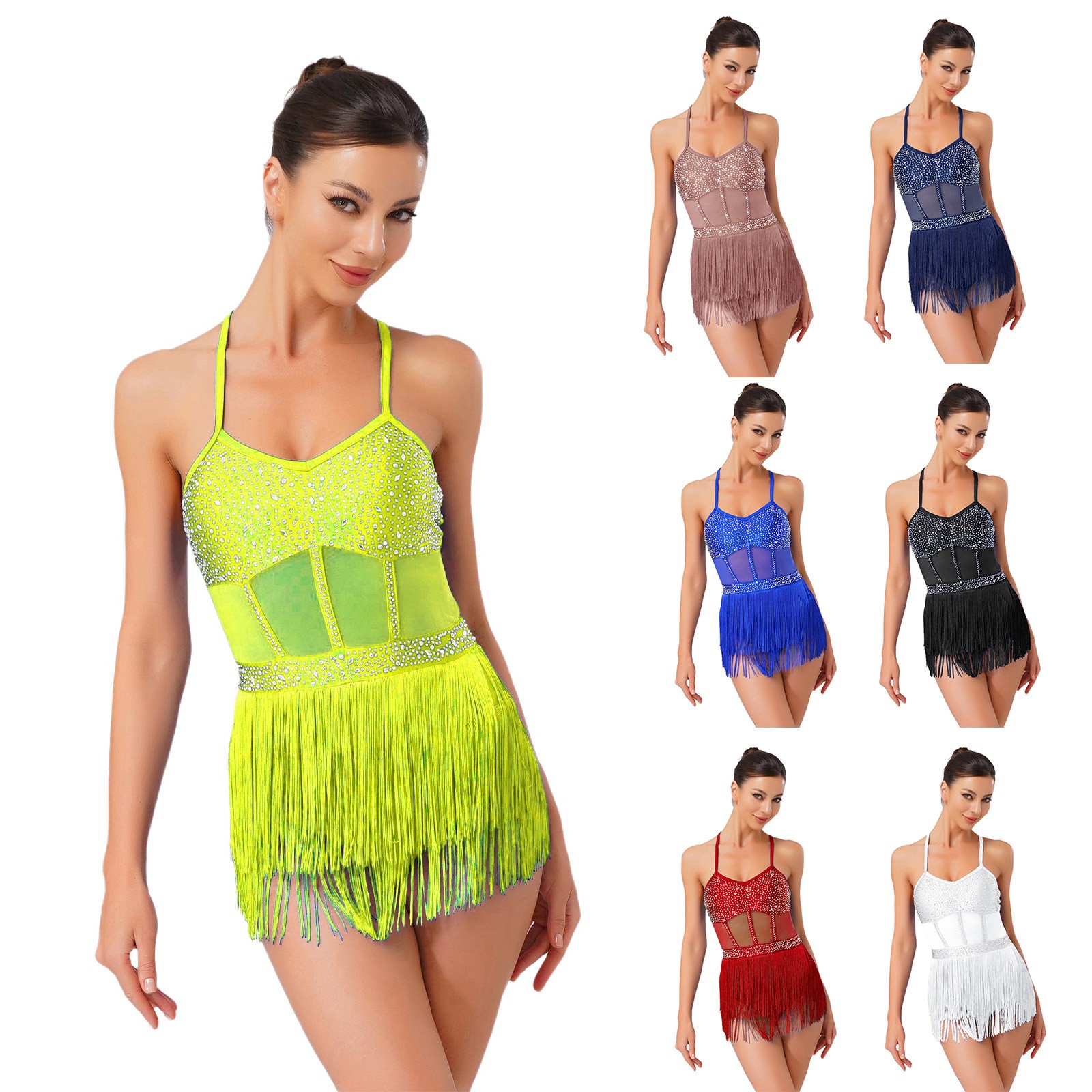 US Women Glittery Rhinestone Latin Jazz Dance Leotard Fringe Leotard Samba Dress