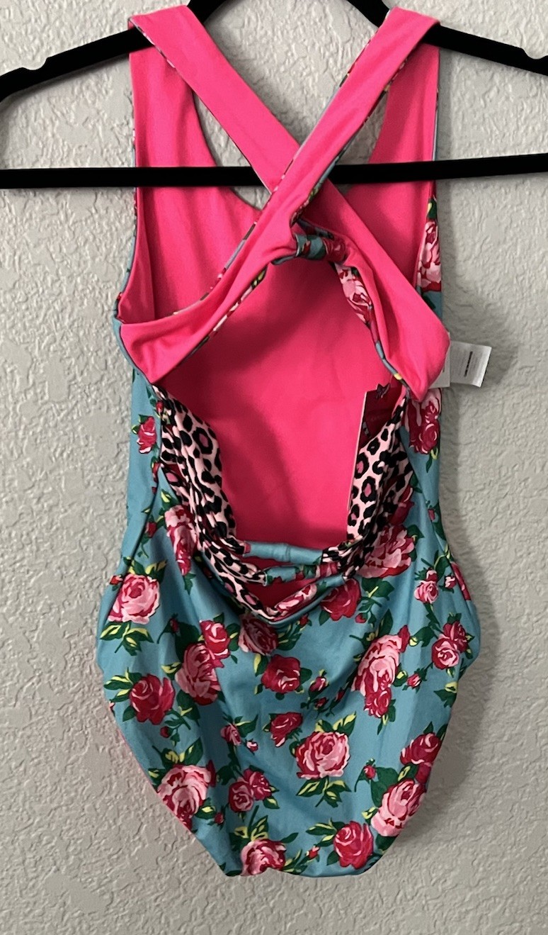 Betsey Johnson Capezio strappy back Reversible leotard Blue Floral / Pink Large