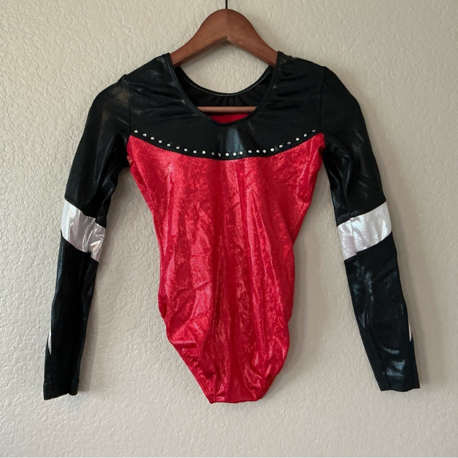 Women GK Elite Competition Gymnastic Leotard Black Red Stone Size AS Adult