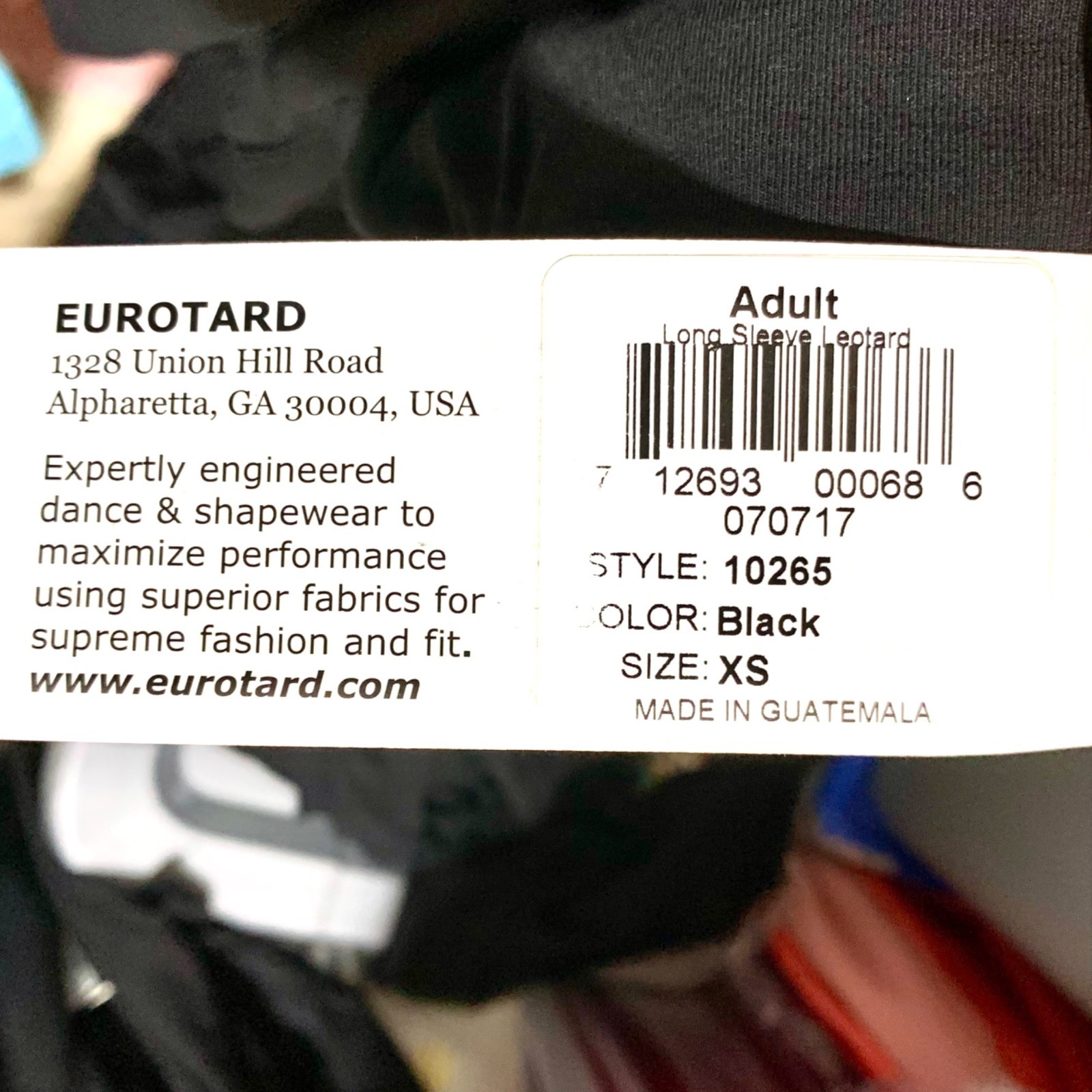 Eurotard Black Adult Size XS Long Sleeve Leotard Bodysuit Lined Front Scoop Neck