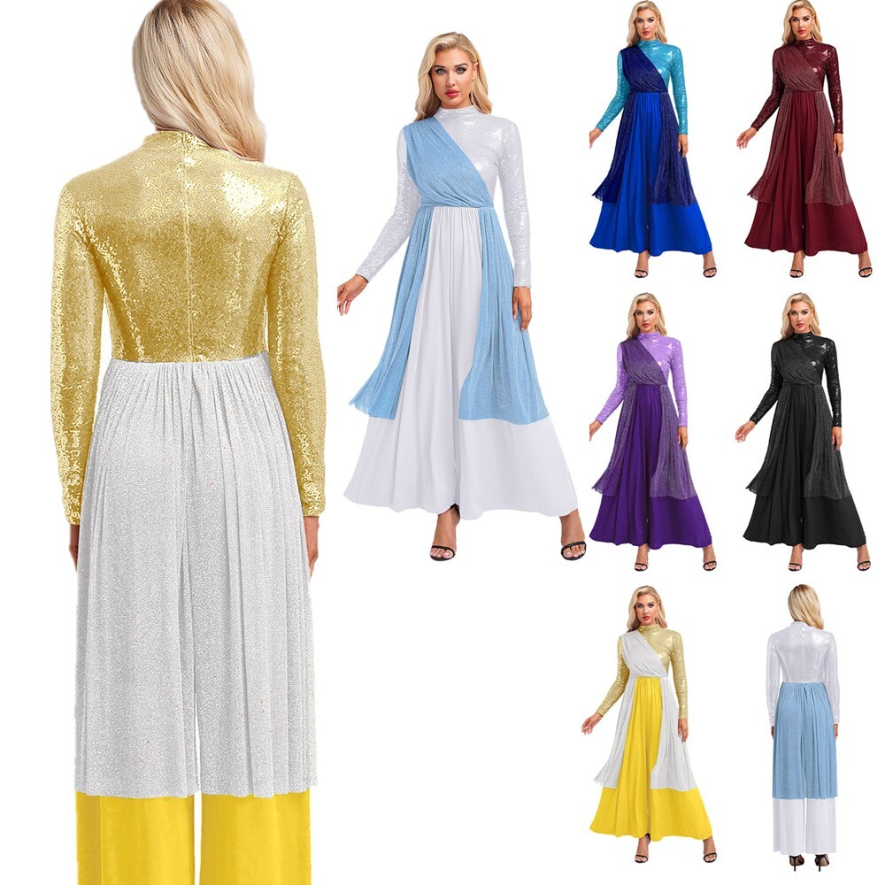 Women Jumpsuit Long Sleeve Bodysuit Shimmery Praise Dance Ballroom Praisewear