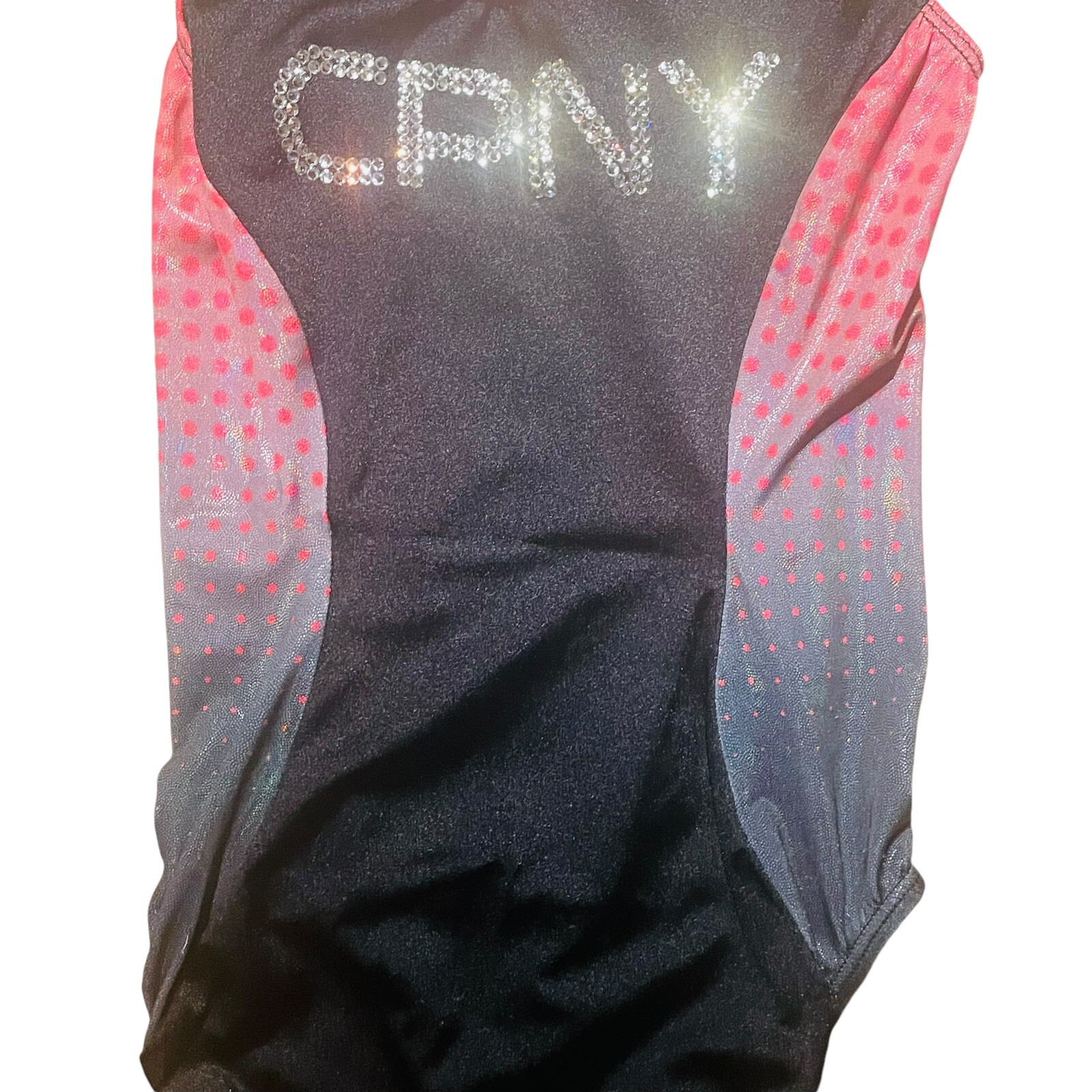 GK Elite CPNY Rhinestone LEOTARD Gymnastics Dance Black Red Dots Adult S