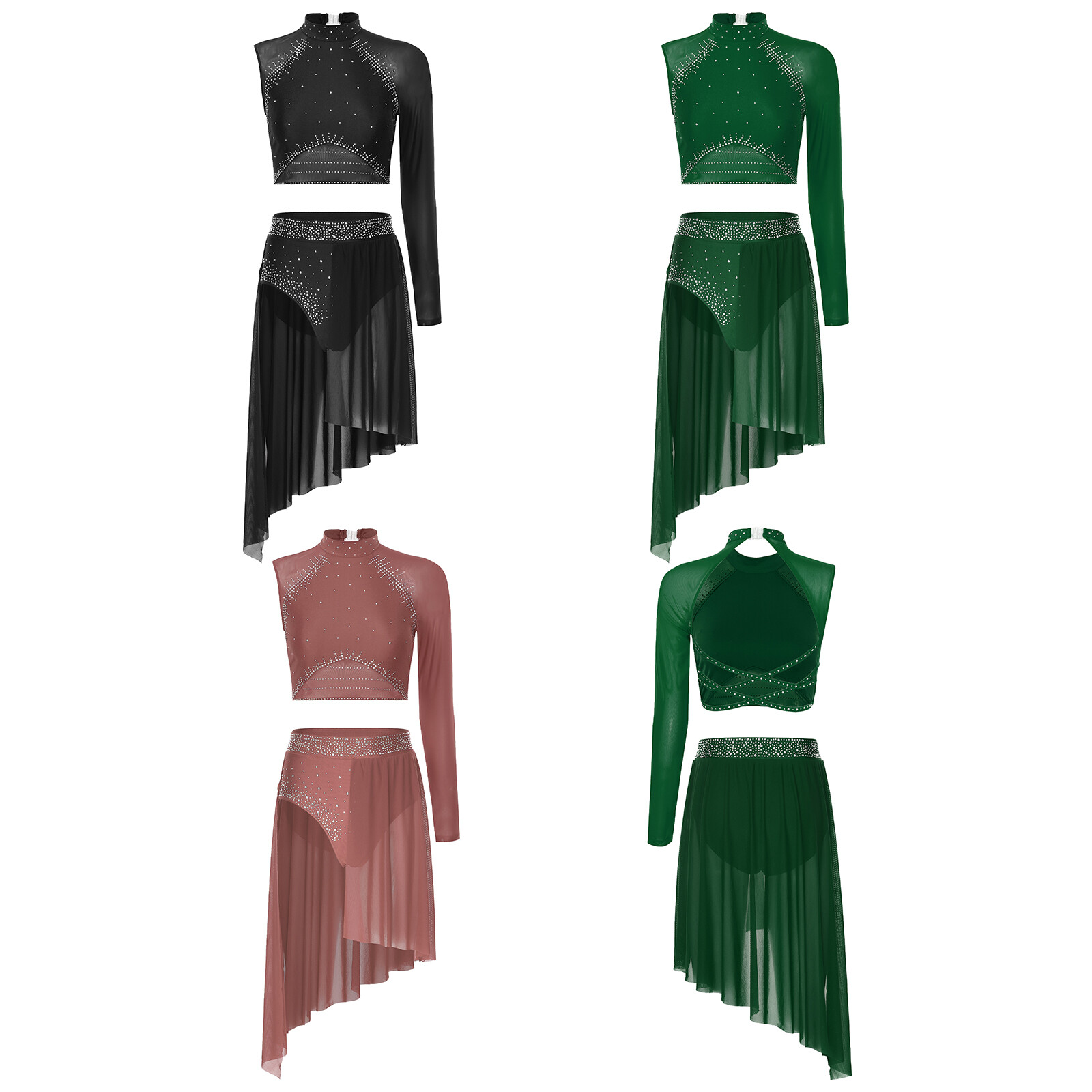 Women Dancewear Stage Outfit Lyrical Costume One Shoulder Top With Skirts 2pcs