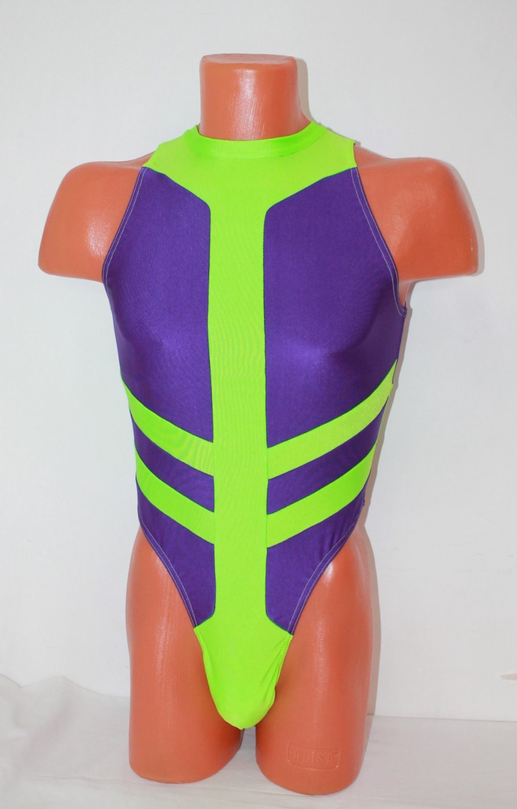 New! Men Thong Leotard 153-42 Purple and Lime Neon Spandex Size L