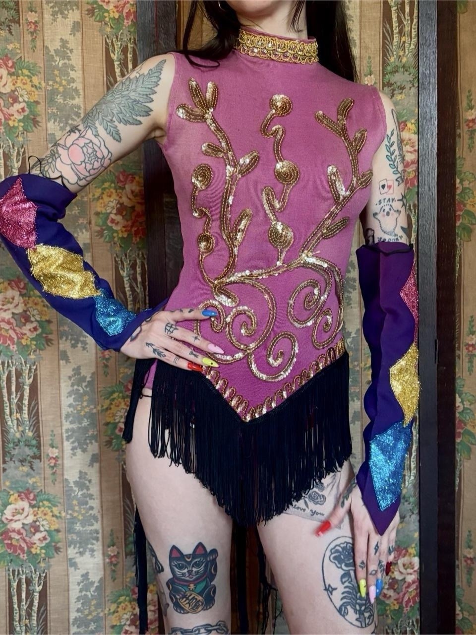 Rare 1960s-70s Pink Showgirl Fringe Leotard Costume, Size XS-S
