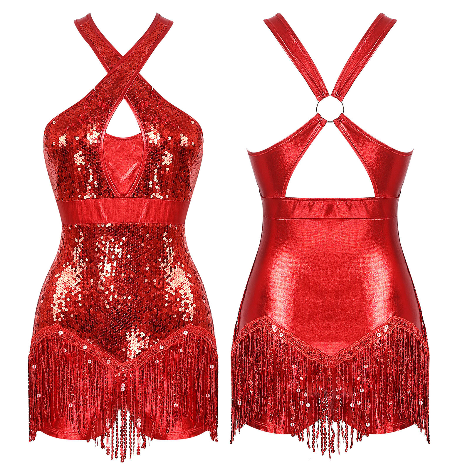 Women Latin Salsa Jazz Dance Dress Sequins Tassel Halter Bodysuit Leotards