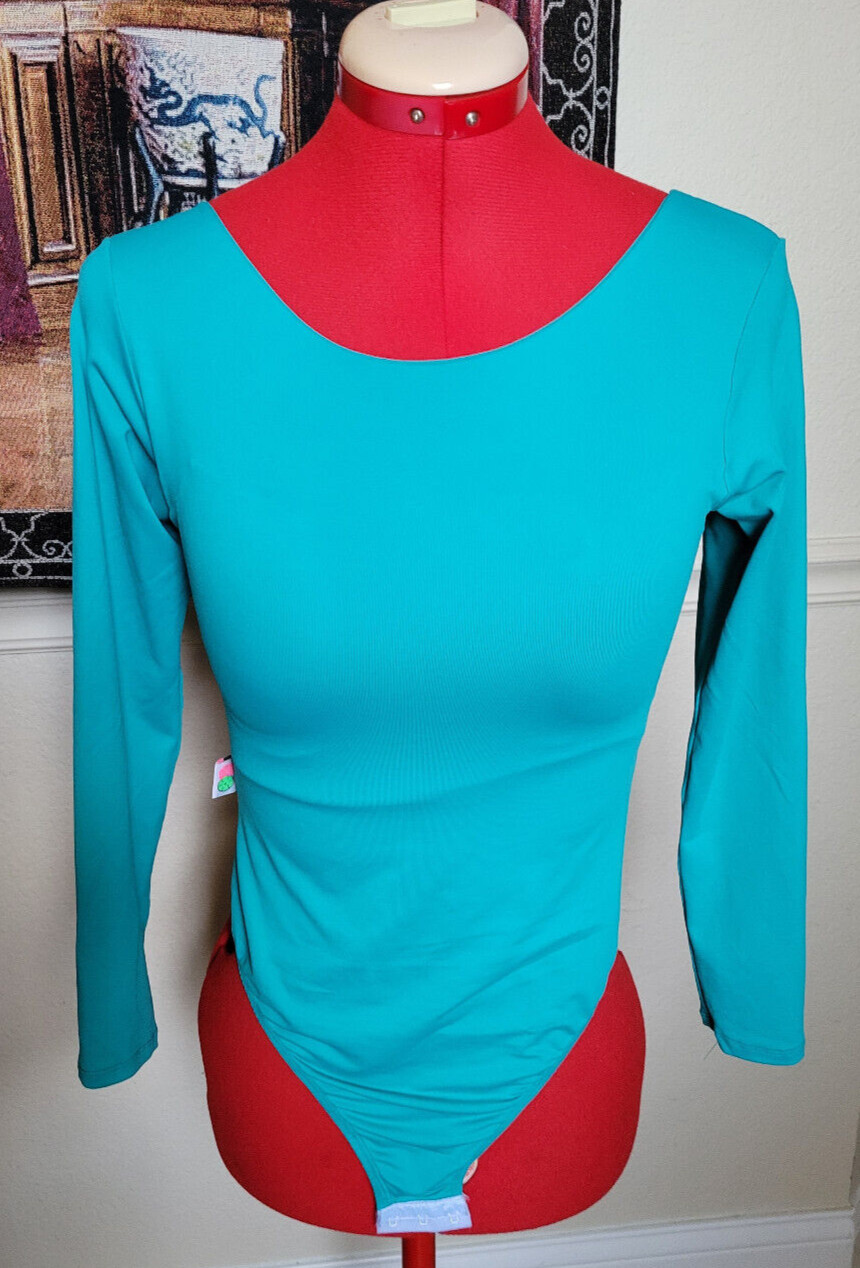 Lima Rosa Brazil Teal Blue Long-Sleeve Padded Bra Open Back Leotard Bodysuit M