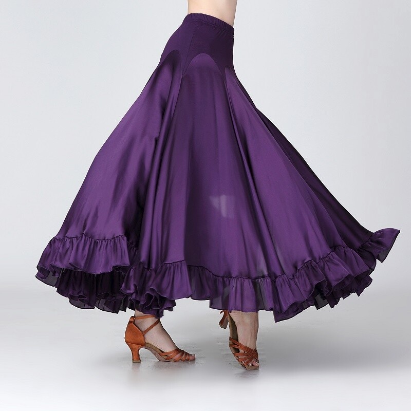 Women Satin Ballroom Skirt Modern Dance Dancewear Ruffle Waltz Tango Swing