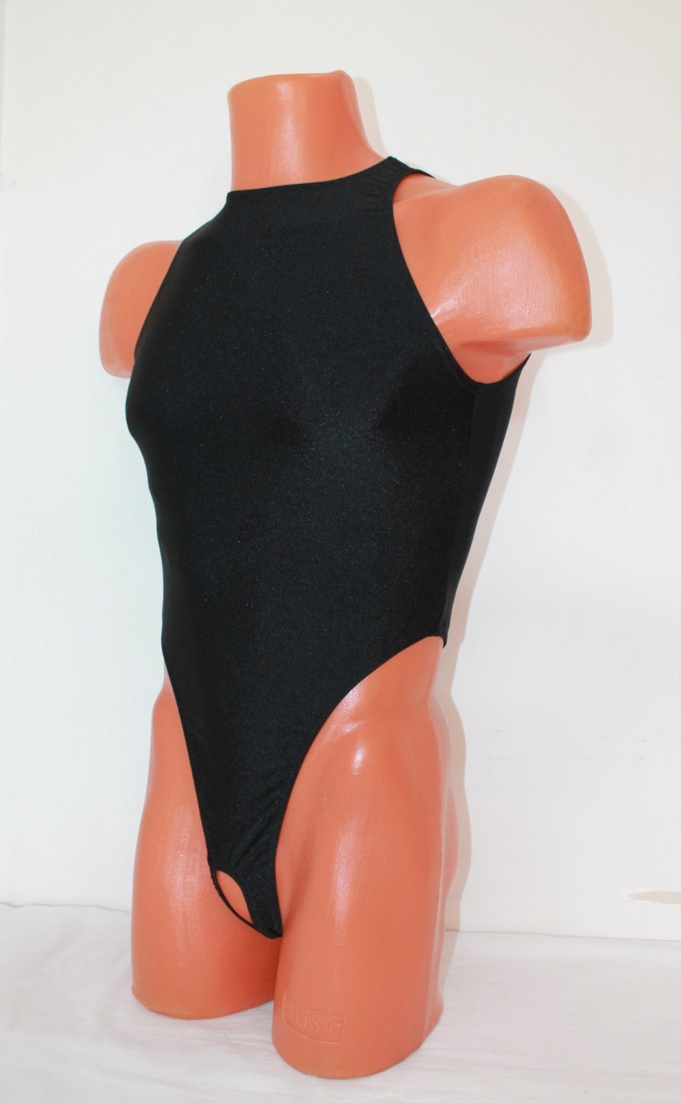 Men Thong Leotard 154-56 Open Back Hole Crotch Black Spandex Size XL