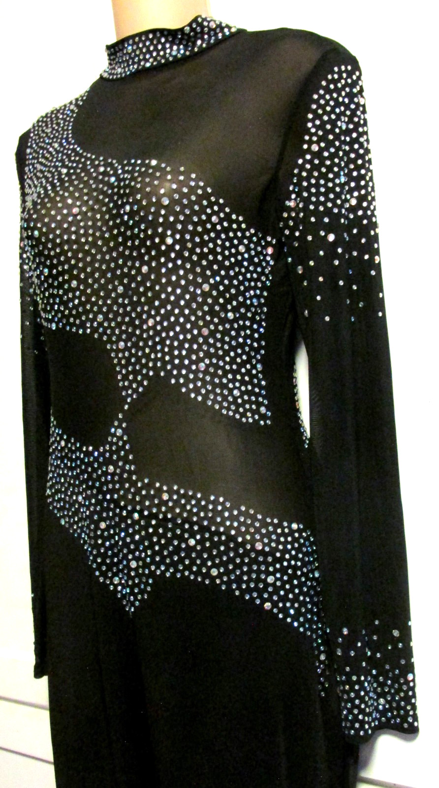 Black Silver Rhinestone Long Sleeve Abstract Unitard Full Body Suit – Women’s M