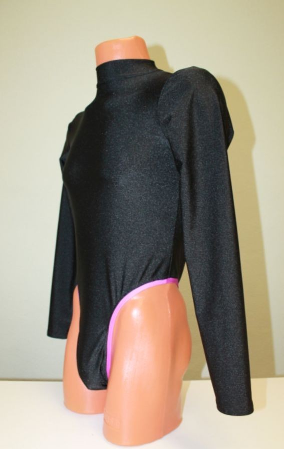 Men Thong Leotard 159-05 Long Sleeve High Collar Open Back Black Spandex Size S