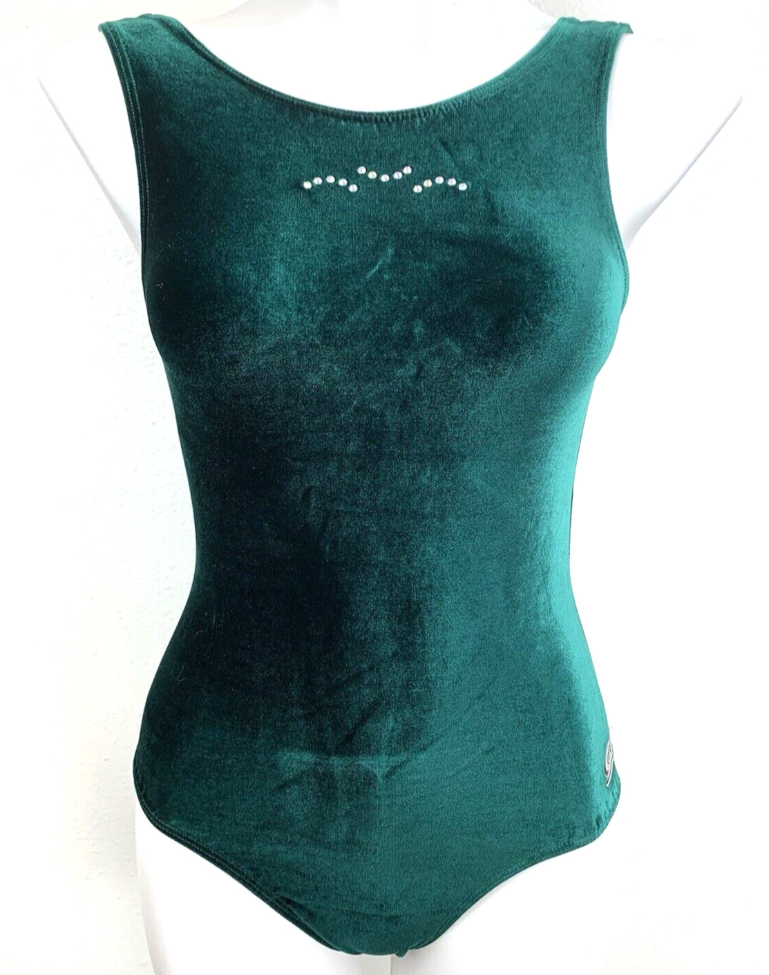GK Leotard Gymnastics Size S Women’s Dark Green Velour Sleeveless Rhinestones