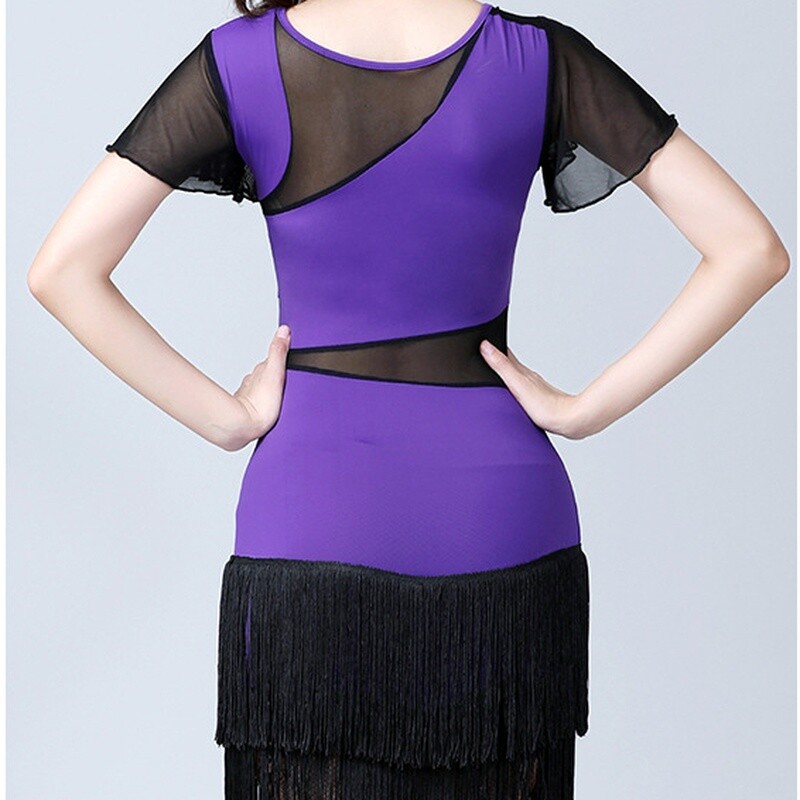 Women Dancewear Latin Dance Dress Mesh Ruffle Tassels Short Sleeve Hollow Out