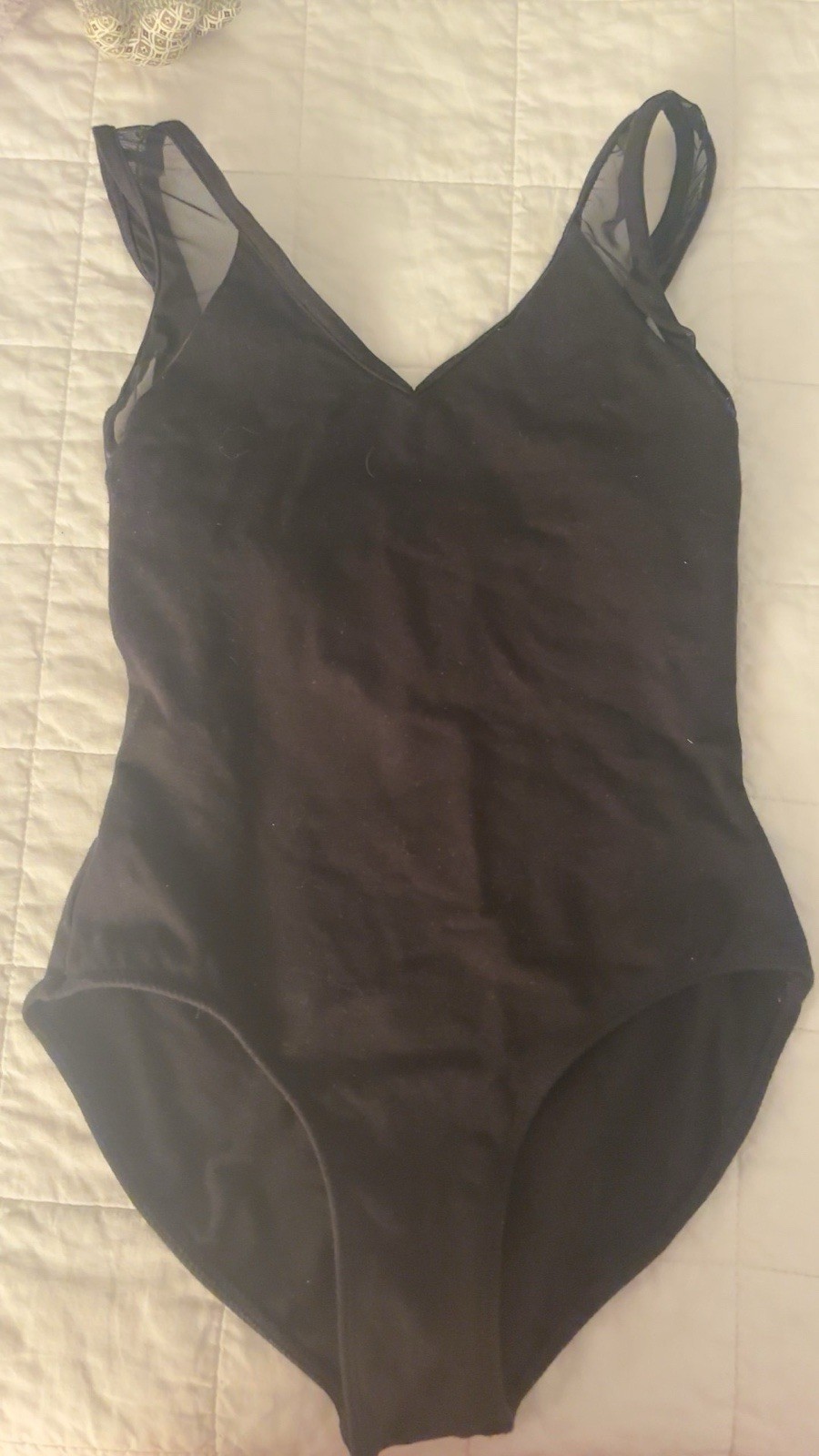 Women’s Small Black Solid One-Piece Dance Leotard Mesh Straps Crisscross Back