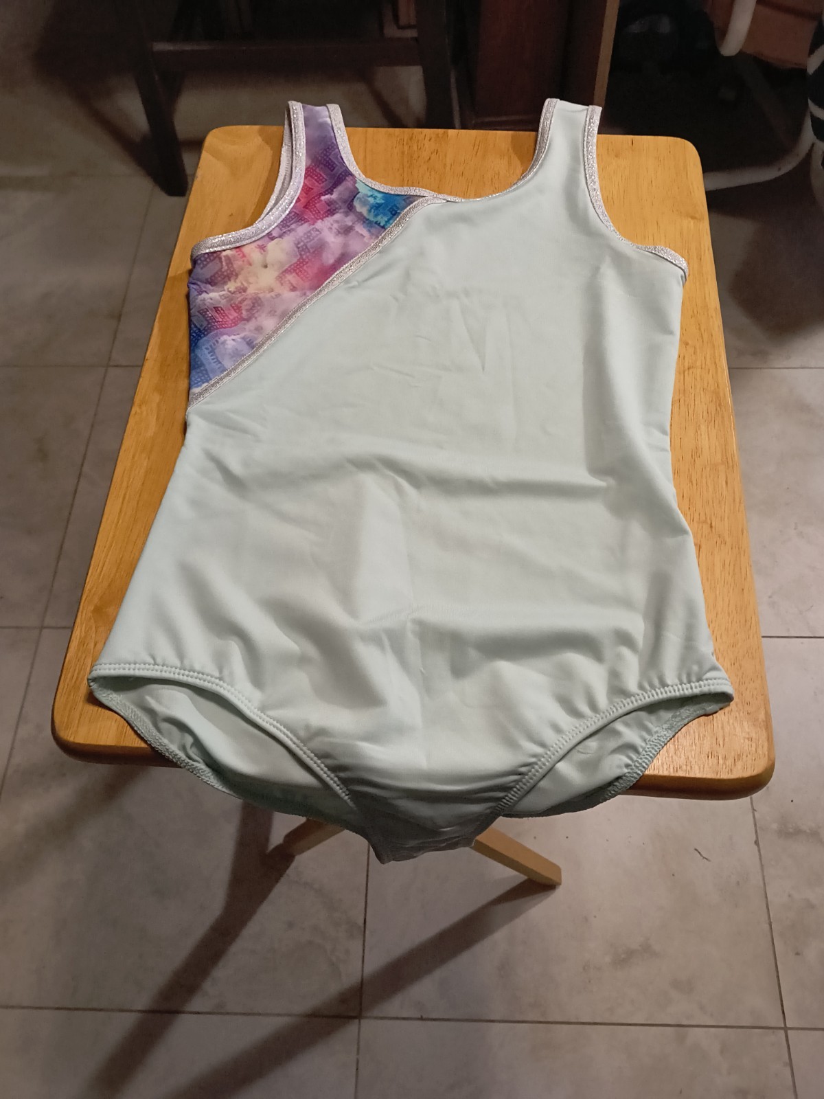 NWOT Rainbeau Moves Gymnastic Dance Leotard Child Large Mint Green& Silver Trim
