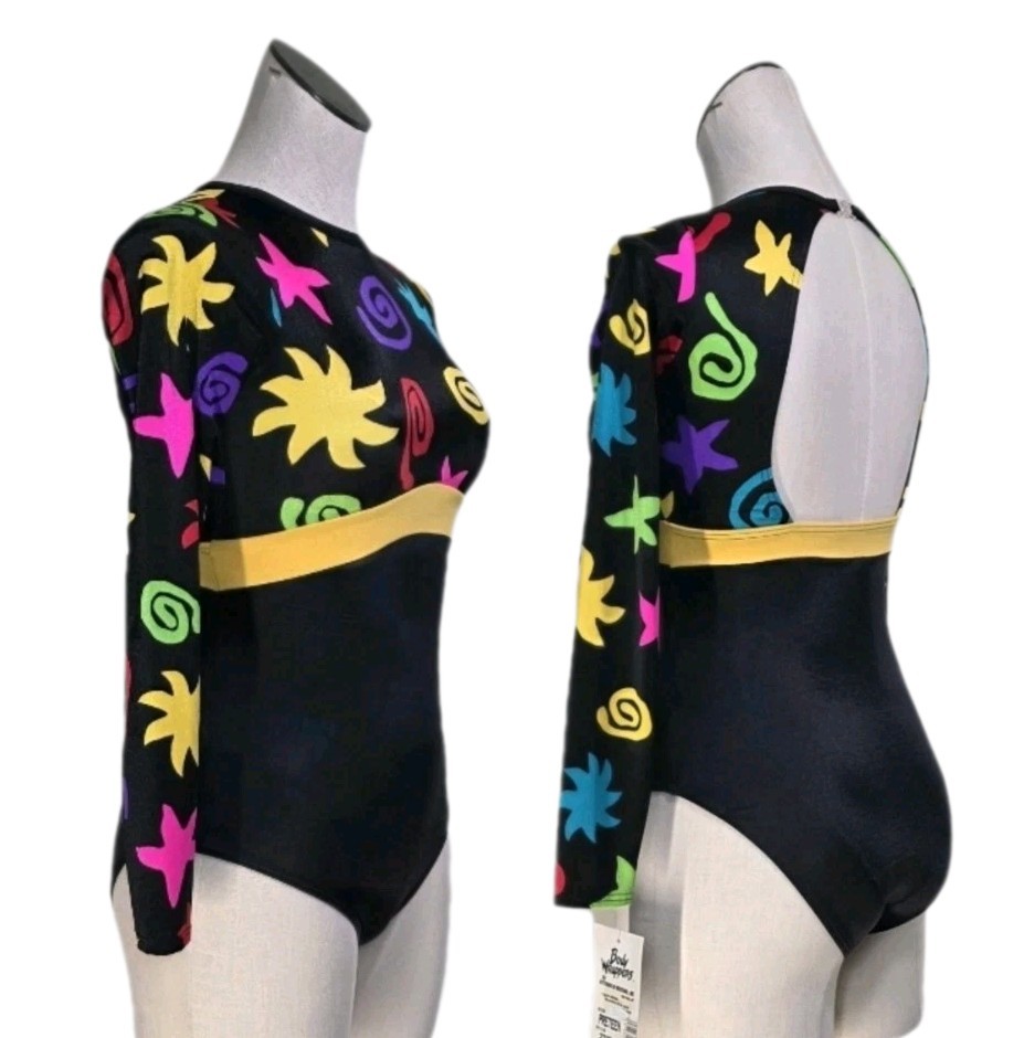 Body Wrappers Vintage 80s Open Back LS Colorful Leotard Dance Preteen Adult XS/S