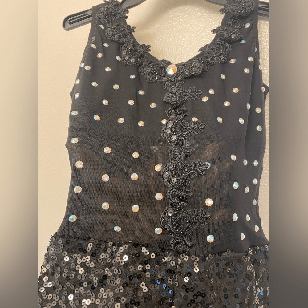 Glamour solo dance costume black mesh biketard bling bedazzled MA adult